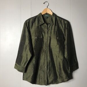 LAUREN RALPH LAUREN DARK GREEN SILK BUTTON DOWN SHIRT SLIT SLEEVE WOMENS SIZE 12